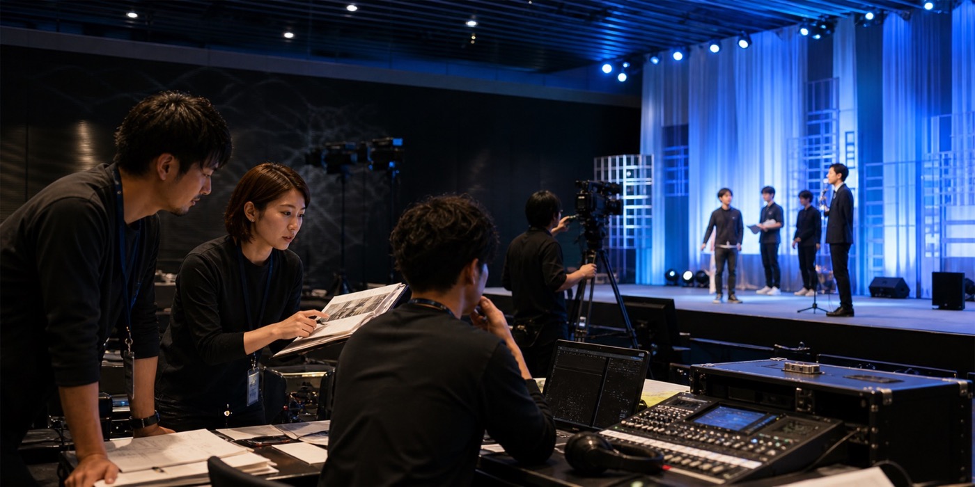 企業イベント会場で映像・音響・配信を連携する制作チーム
